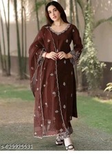 Women Plus Size Silk Blend Kurta Set with Dupatta Embroidered Brown Upto 6XL