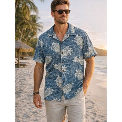 Palmwave Hawaii Pineapple Print Button Front Shirt Blue White Cotton Tropical L