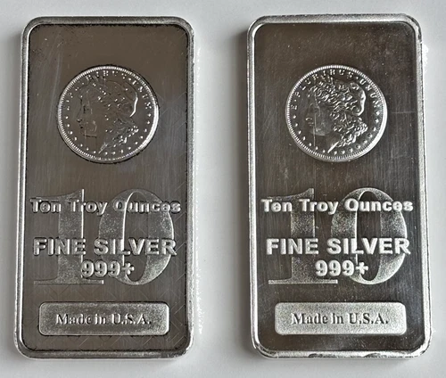 TWO x 10 oz Morgan Dollar Silver Bars .999 Fine Silver Bullion USA - 20 oz total