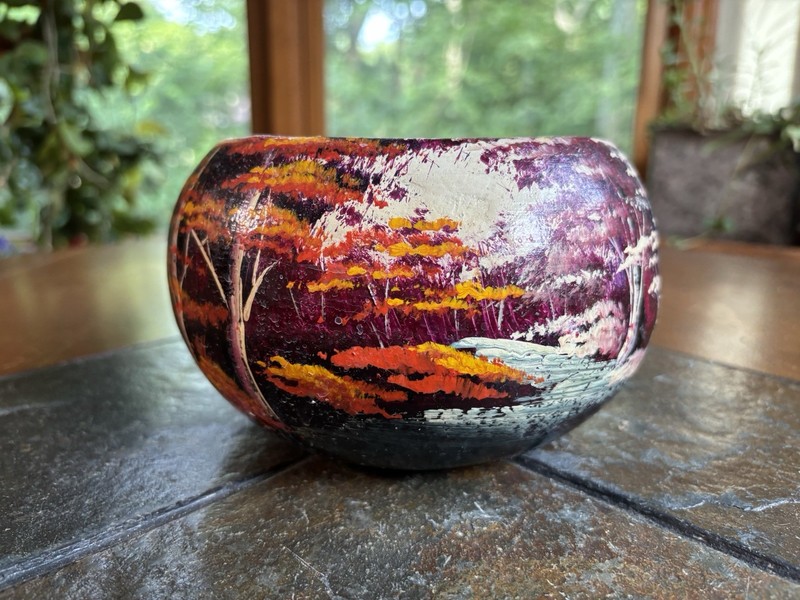Vintage Terra Cotta Mexican Hand Painted Pottery Planter Bowl Scenic Landscape