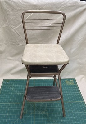 Vintage Cosco Kitchen Metal Step Stool Chair Flip Up Seat Retro MCM Upholstered