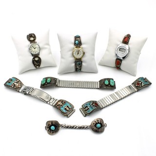 Southwest Sterling Turquoise Red Coral Thunderbird Watch Tips Lot of 7 #S4922 1