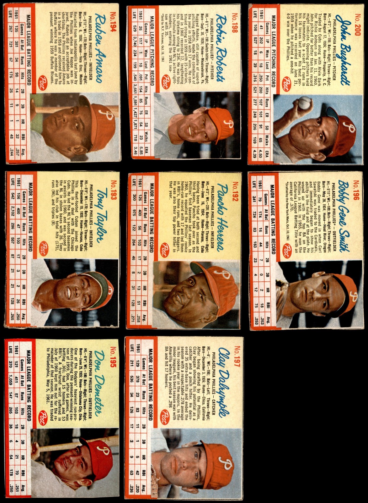 1962 Post Cereal Phillies Near Team Set 4 - VG/EX 6619203 (8 / 9 cards)