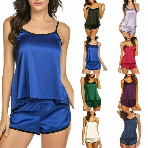 Set Satin Nightgown Slip Sleepwear Sexy Lingerie Home Wear Silk Women's Pajamas - Picture 3 of 22