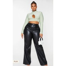PrettyLittleThing Plus Black Faux Leather Seam Detail Wide Leg Pants US 20 NWT