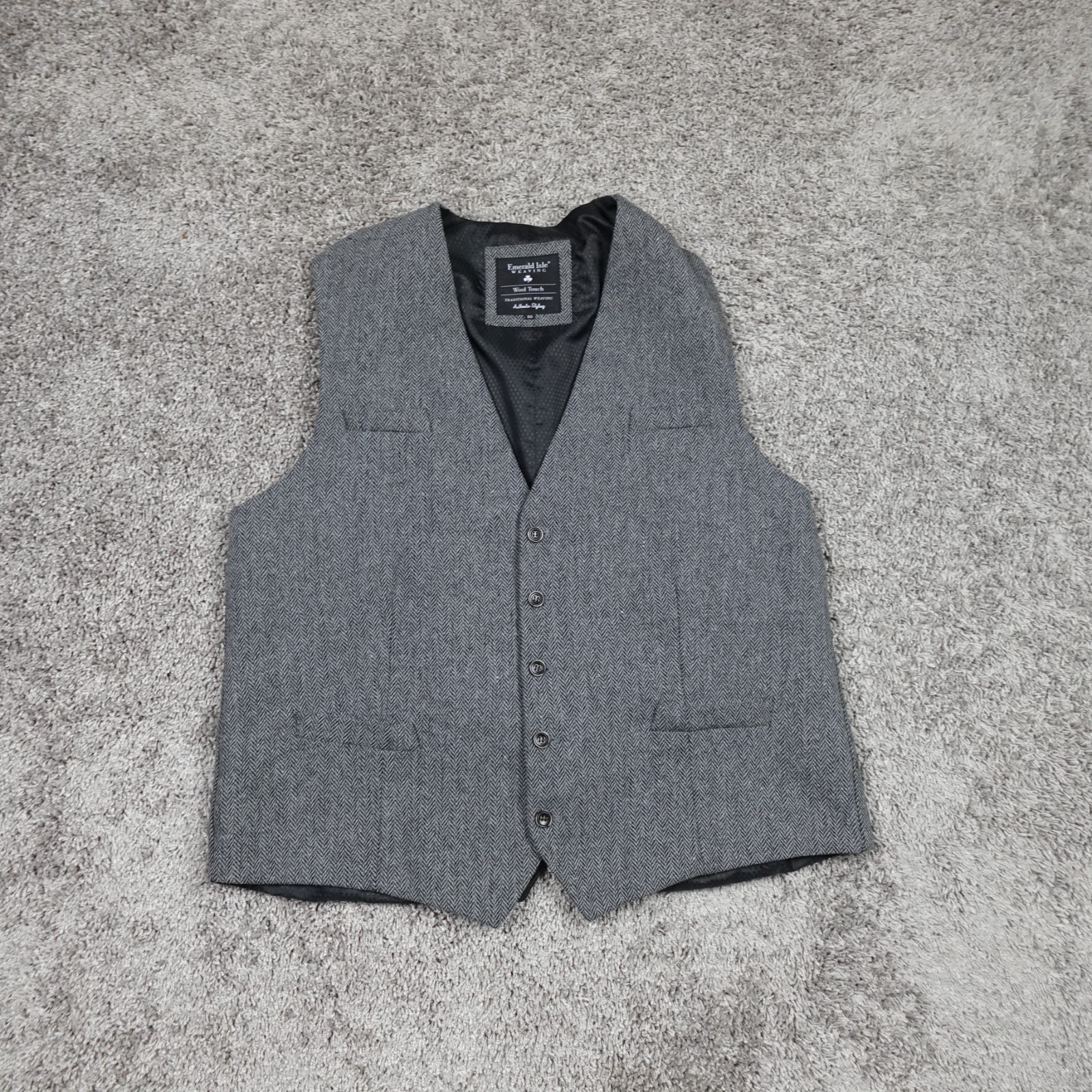 Emerald Isle Weaving Vest Mens 50 Gray Herringbone Tailored Wool Blend Waistcoat