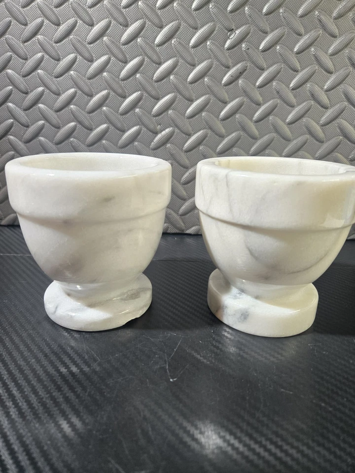 Lot Of (2) Vintage White/Grey Solid Marble Apothecary Mortars 4" - Image 4 of 4
