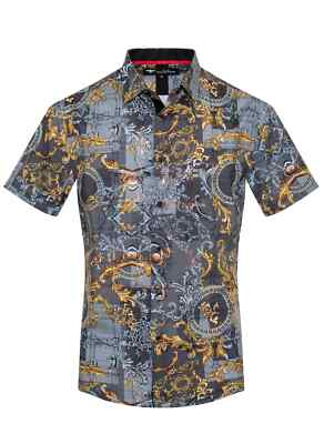 Men's Italian fashion Button Down Short Sleeves Shirt Black/Golden Pattern
