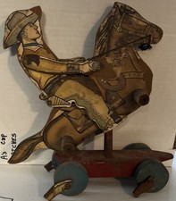 1930 s Wooden Horse Riding Cowboy Painted Rolling Child's Pull Toy /CUT 50