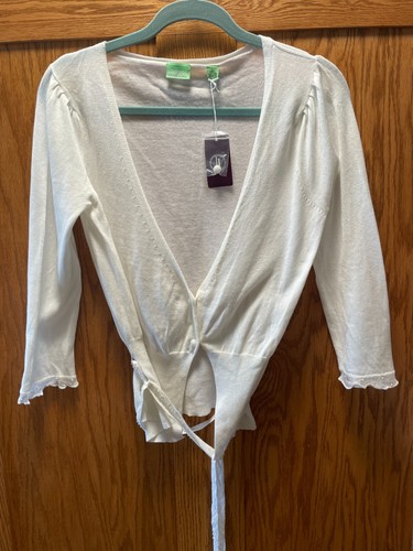 WHIM NWT Cardigan Sweater Size L 3/4 Sleeve White Beaded Detail Cotton $160