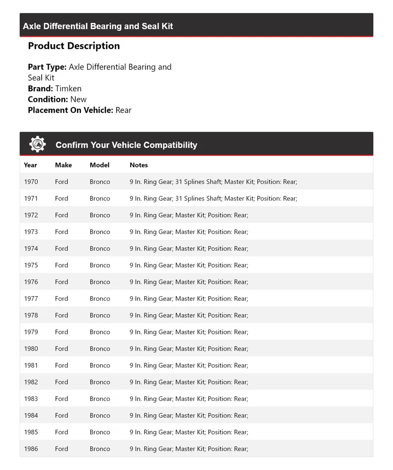 Kit de cojinete y sello diferencial eje trasero Timken para Ford Bronco 1970-1986 Foto 2 de 3