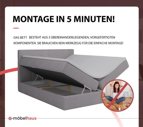 Boxspringbett Schlafzimmerbett MALAGA Bett 160x200 BEIGE Bettkasten + Topper - Bild 6 von 8