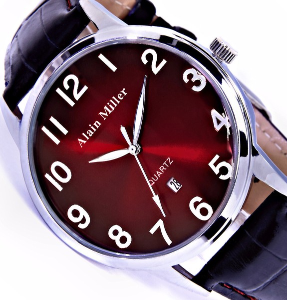 Alain Miller Herren Armband MäNner Uhr Schwarz Rot Silber Farben Datum-image
