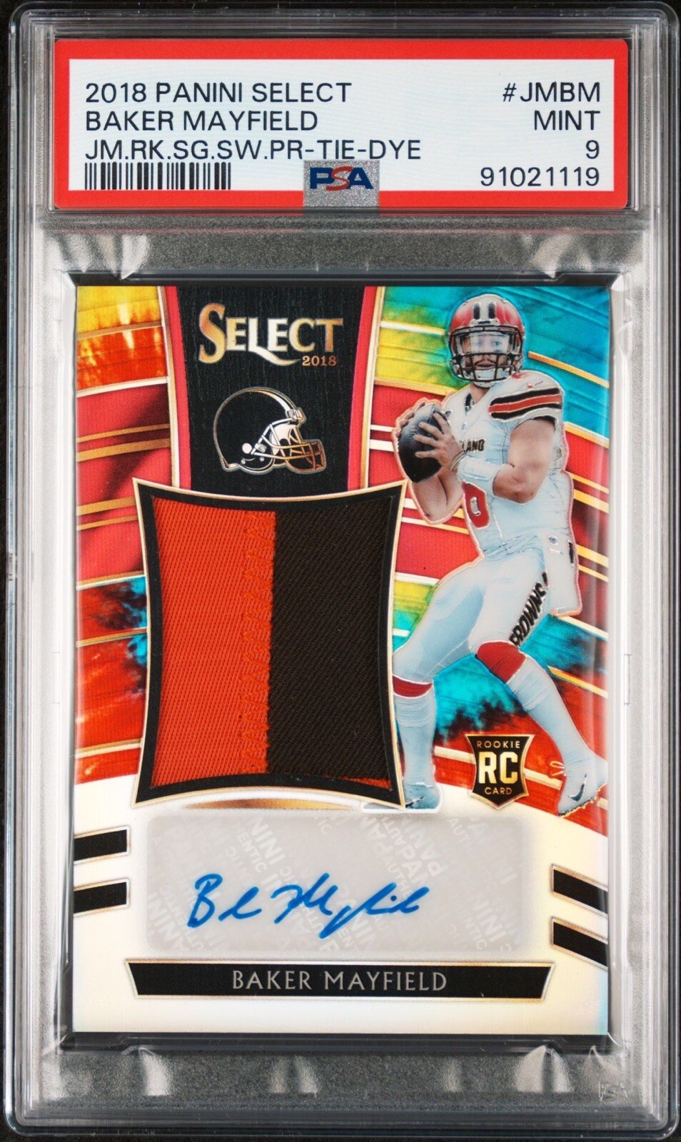 Baker Mayfield Panini Select Jumbo Rookie Signature Swatch Prizm #JMBM Tie-Dye