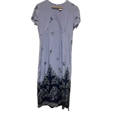 Emma & James Blue Short Sleeve Midi Dress VNeck Paisley Women's Size 8 Ramie