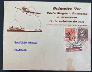 1933 Porto Alegre Brazil Airmail First Flight Cover FFC To Palmeira VARIG Stamp