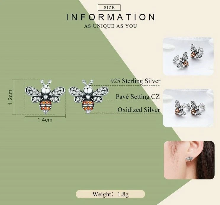 Pendientes de abeja - abejorro miel abejorro - plata de ley / circonita cúbica Foto 2 de 4