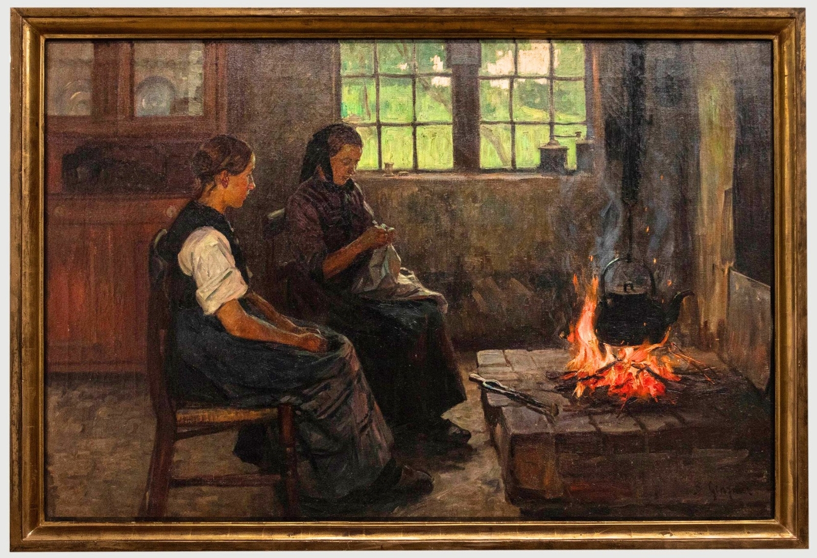 Early 20th Century Oil Painting By Bertold Genzmer By the Hearth