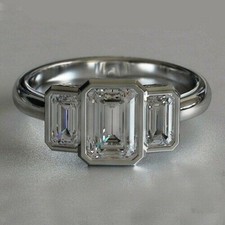 2.75ct Emerald Cut Lab Created Diamond 3Stone Engagement Wedding Ring 925 Silver