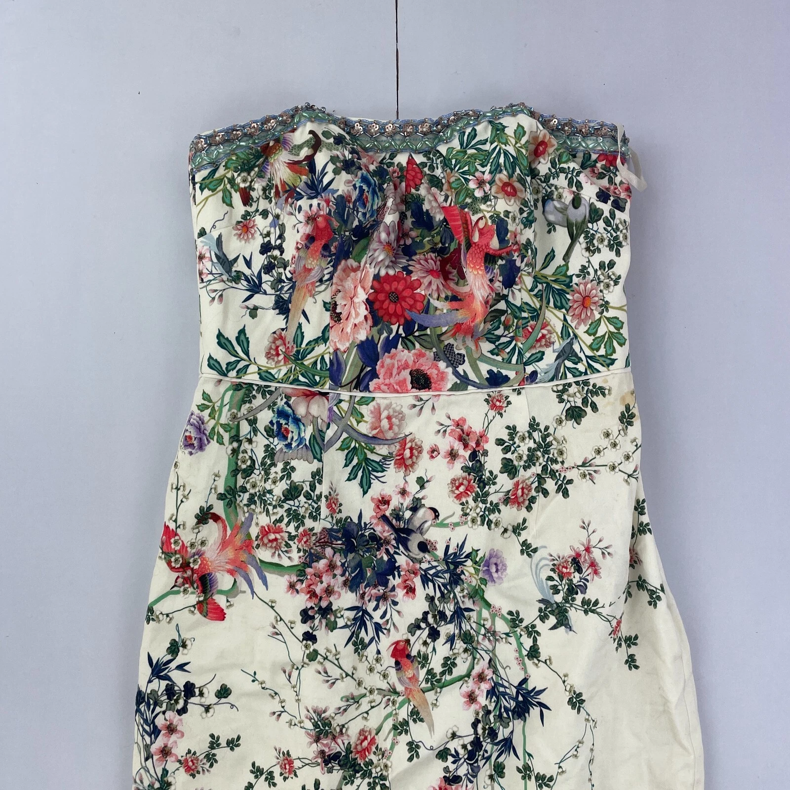 OFF WHITE Abito MONSOON 8 bianco sporco senza spalline lunghezza ginocchio floreale paillettes bodycon perline