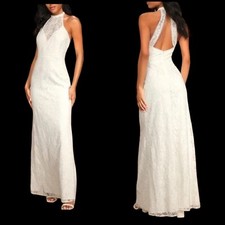 NWT Lulus M White Polyester Lace Overlay Halter Maxi Wedding Formal Dress Lined