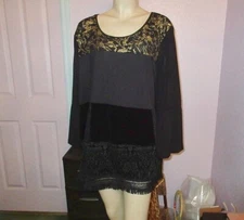 Calessa Mixed Media Tunic Top Size 2X Velvet Lace Embroidered Artsy Vamp Witchy