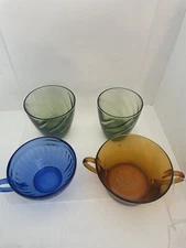 Vintage Tea/ Coffee Cups. Cobalt Blue Hazel Atlas, Amber Duralex, Avocado Green