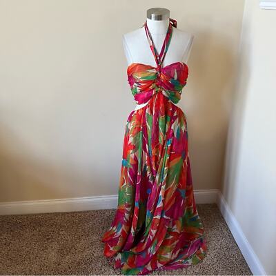 Ronny Kobo Floral Patterned Halter maxi Dress gown Pink Green 26129 | eBay