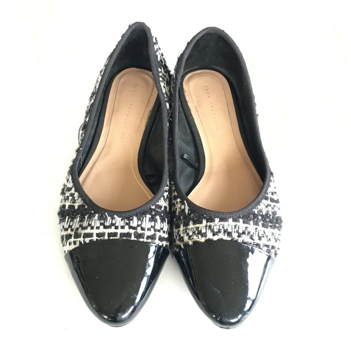 Zara Tweed Flats WITH TOECAP Black Womens Size 38 US Size 7.5 Slip On Shoes