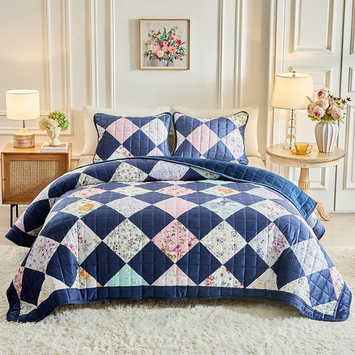 3 Pieces Flannel Floral Patchwork Quilt Set Queen, Argyle Plaid Flowers Navy Des - Picture 11 of 12