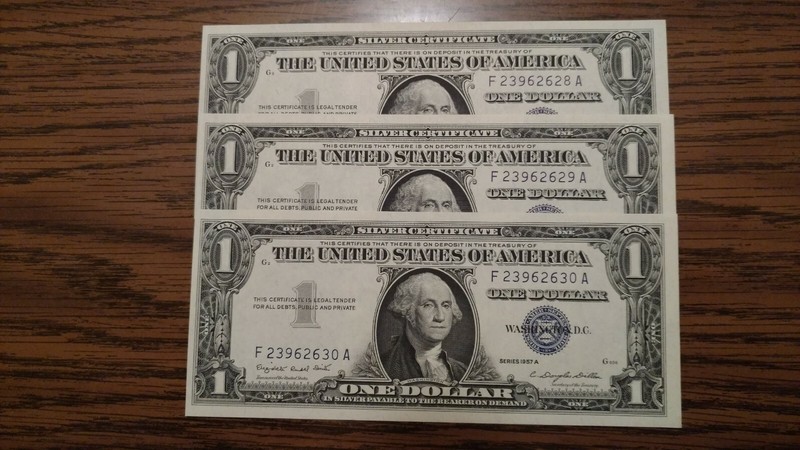 FR-1620 Three 1957 A Silver Certificates in Consecutive order. Uncirculated Bill