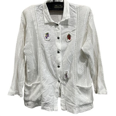 Nino Wong Button Front Shirt Womens XL White Mesh Panel Fruit Embroidered Boho