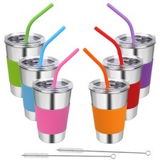 Kids Tumbler with Lids and Straws, 16oz Stainless Steel Cups with Colorful Sl...