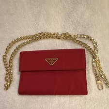 PRADA Red Wallet Gold Chain Womens Credit Car...