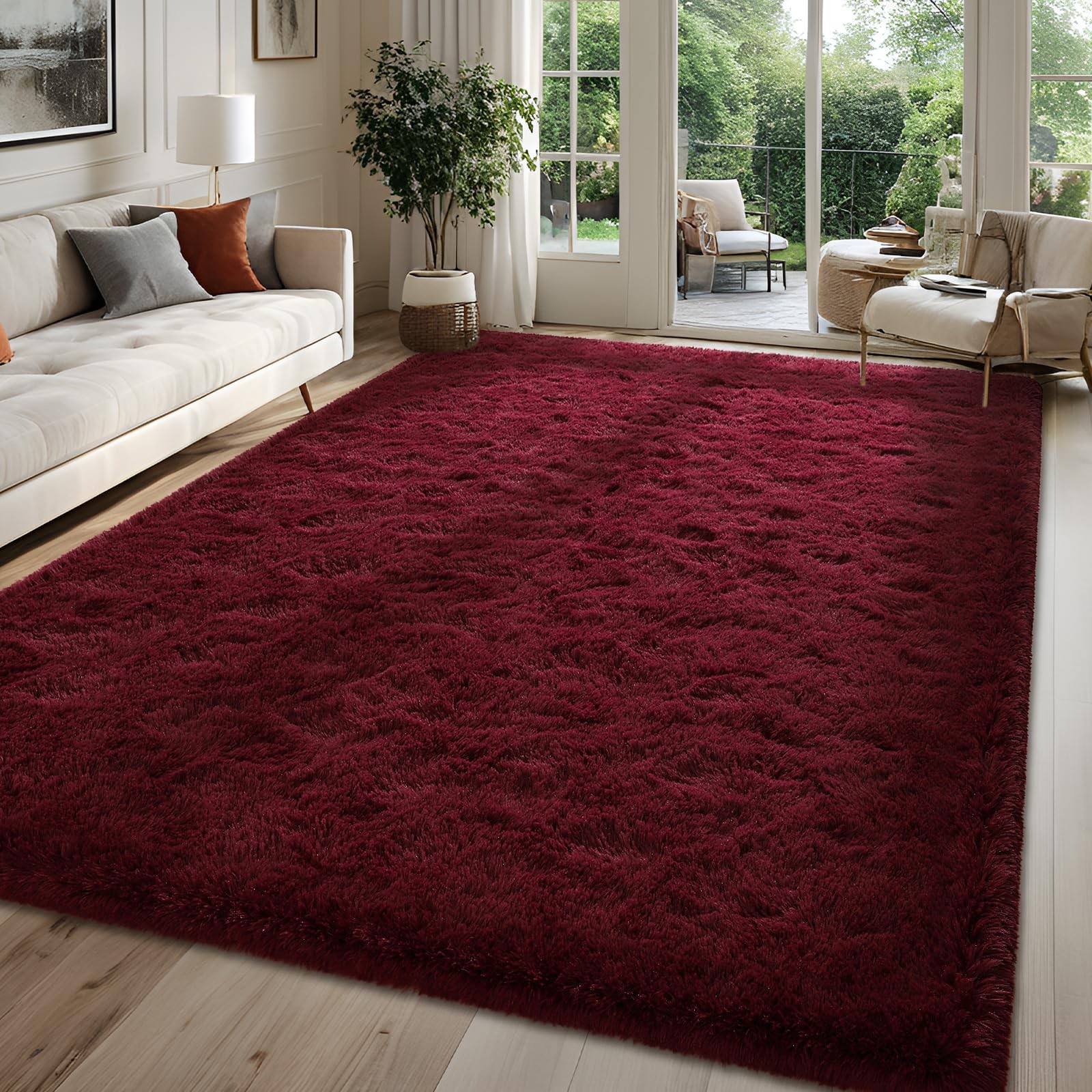 Fluffy Burgundy Red Rugs for Bedroom, 4x6 Feet Dark Red Area Rug for Living R