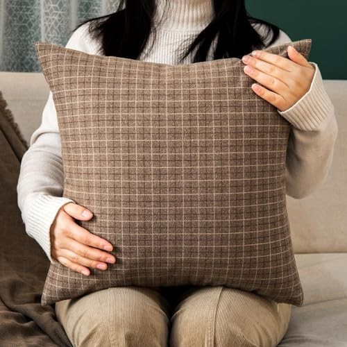 Tweed Throw Pillow Covers Woolen-Style 18" x 18" (Pack of 2) Senior Brown Plaid