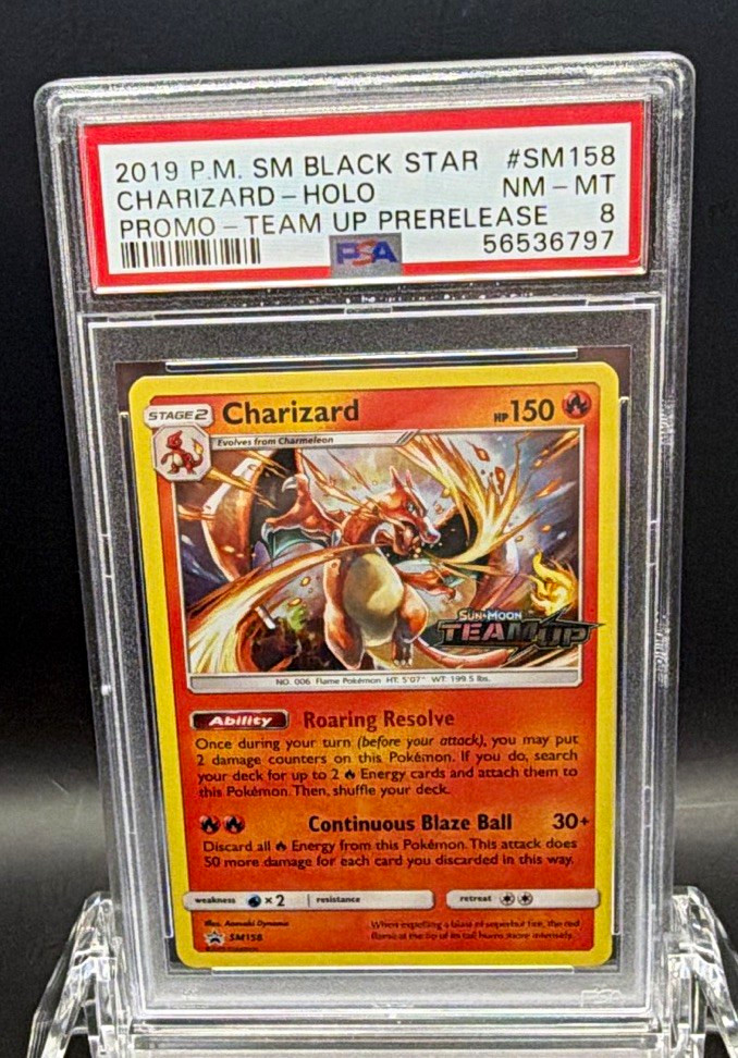 2019 Pokemon Charizard SM158 Team Up Prerelease Stamped Holo PSA 8