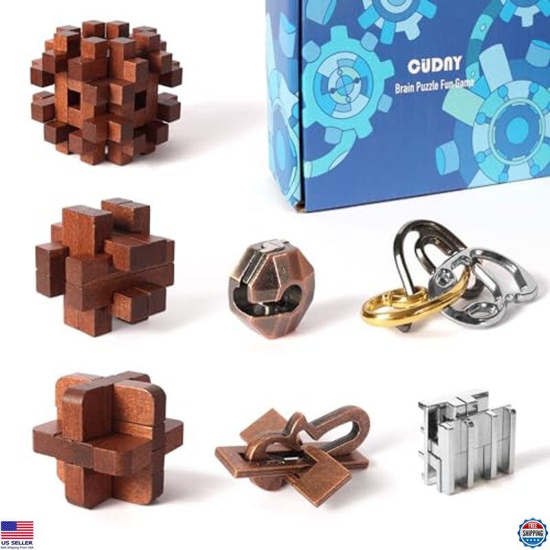 7-Piece Interlock Brain Teaser Puzzles Set - Wooden & Metal IQ Challenge Game