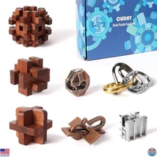 7-Piece Interlock Brain Teaser Puzzles Set - Wooden & Metal IQ Challenge Game