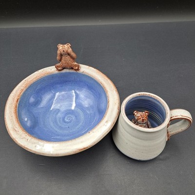 Deneen Pottery Set Mini Belly Mug w Teddy Bear Inside & Bowl With  Bear On Edge