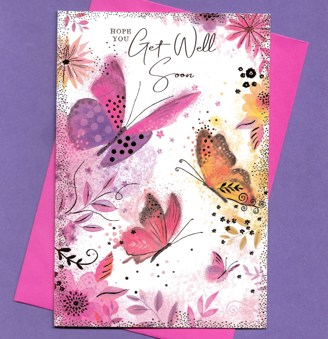 Get Well Soon Card Female Woman Ladies Bright Pink Butterfly Flower 19x13cm