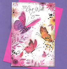 Get Well Soon Card Female Woman Ladies Bright Pink Butterfly Flower 19x13cm