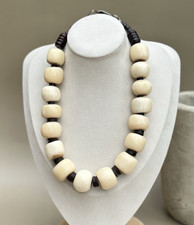 VTG Chunky Organic Bead Statement Necklace Coconut Wood Disc 925 Silver Tribal
