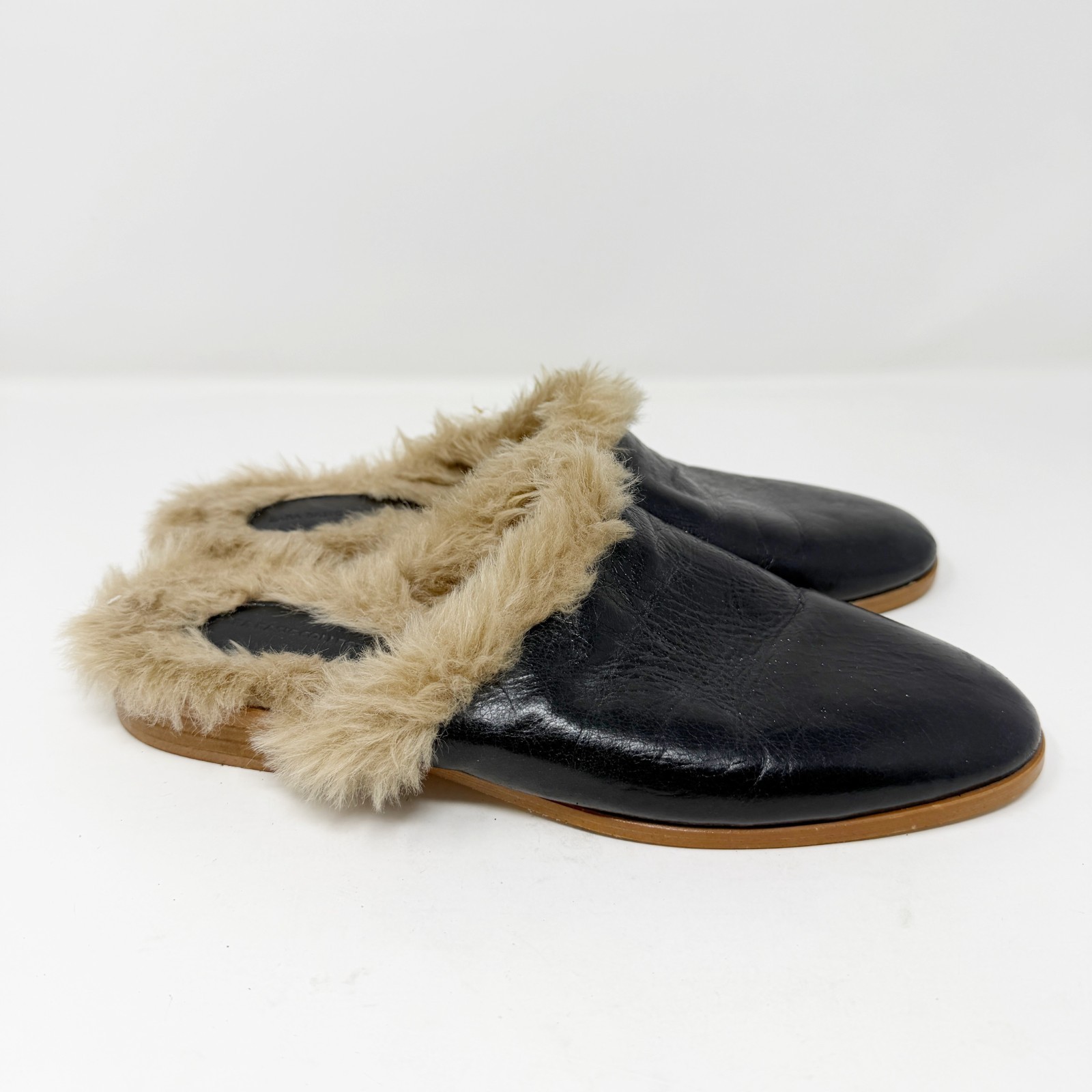 Zara Basic Collection Black Leather Faux Fur Mule… - image 4
