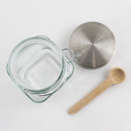 Square Glass Spice Storage Jar With Metal Lid and Wooden Spoon - Picture 2 of 5
