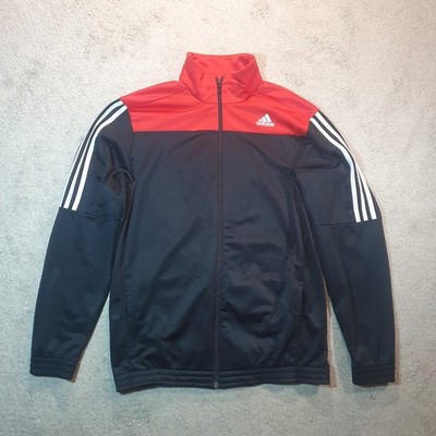Rote Adidas Firebird Jacke mit 3 weißen Streifen und pinkem Logo (L)