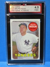 1969 Topps WHITE LETTERS Card #447, RALPH HOUK, New York Yankees, KSA 4.5 Graded