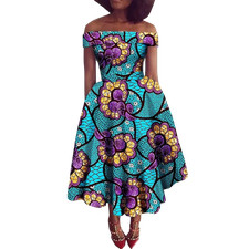 Vibrant Ankara Off-Shoulder Mid-Calf Dress for Women W250200