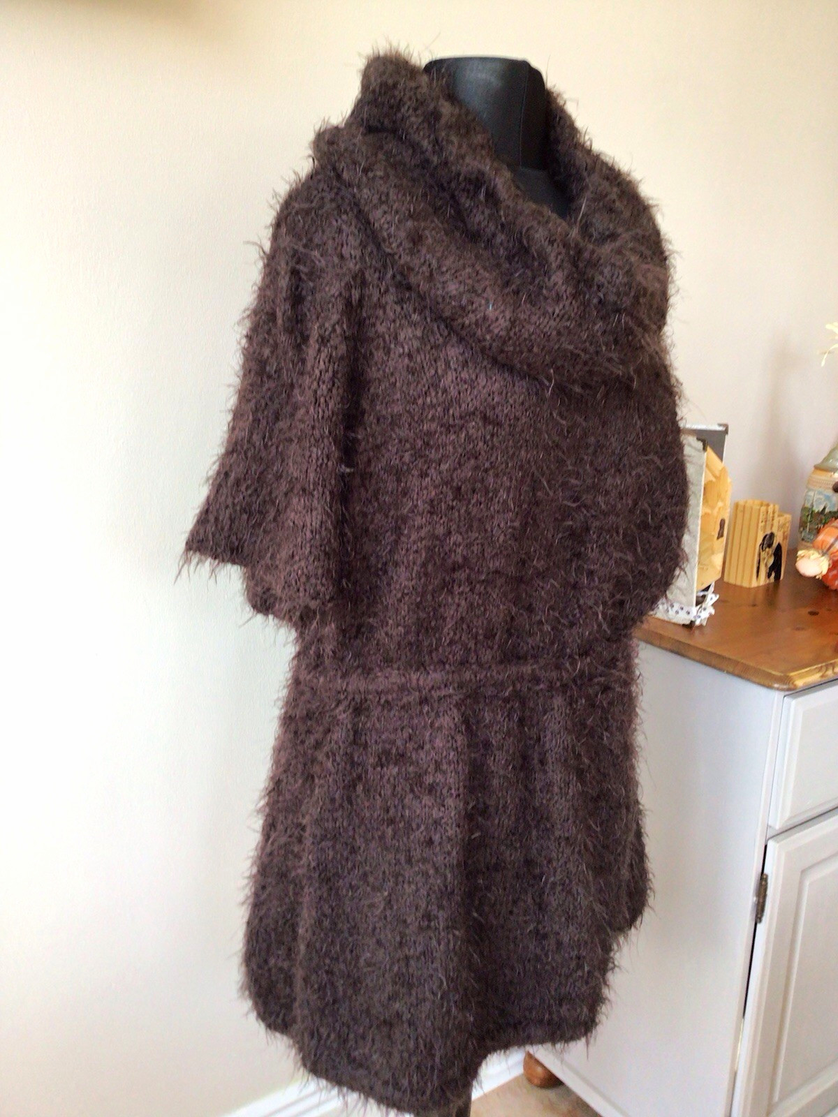 Bitte Kai Rand Size Small 8-10 Brown Fuzzy Knit Cowl Neck Sweater Dress Oversize