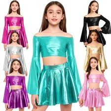 Kids Girls Outfit Jazz Suit Disco Set Metallic Streetwear Shiny Costume Ballet